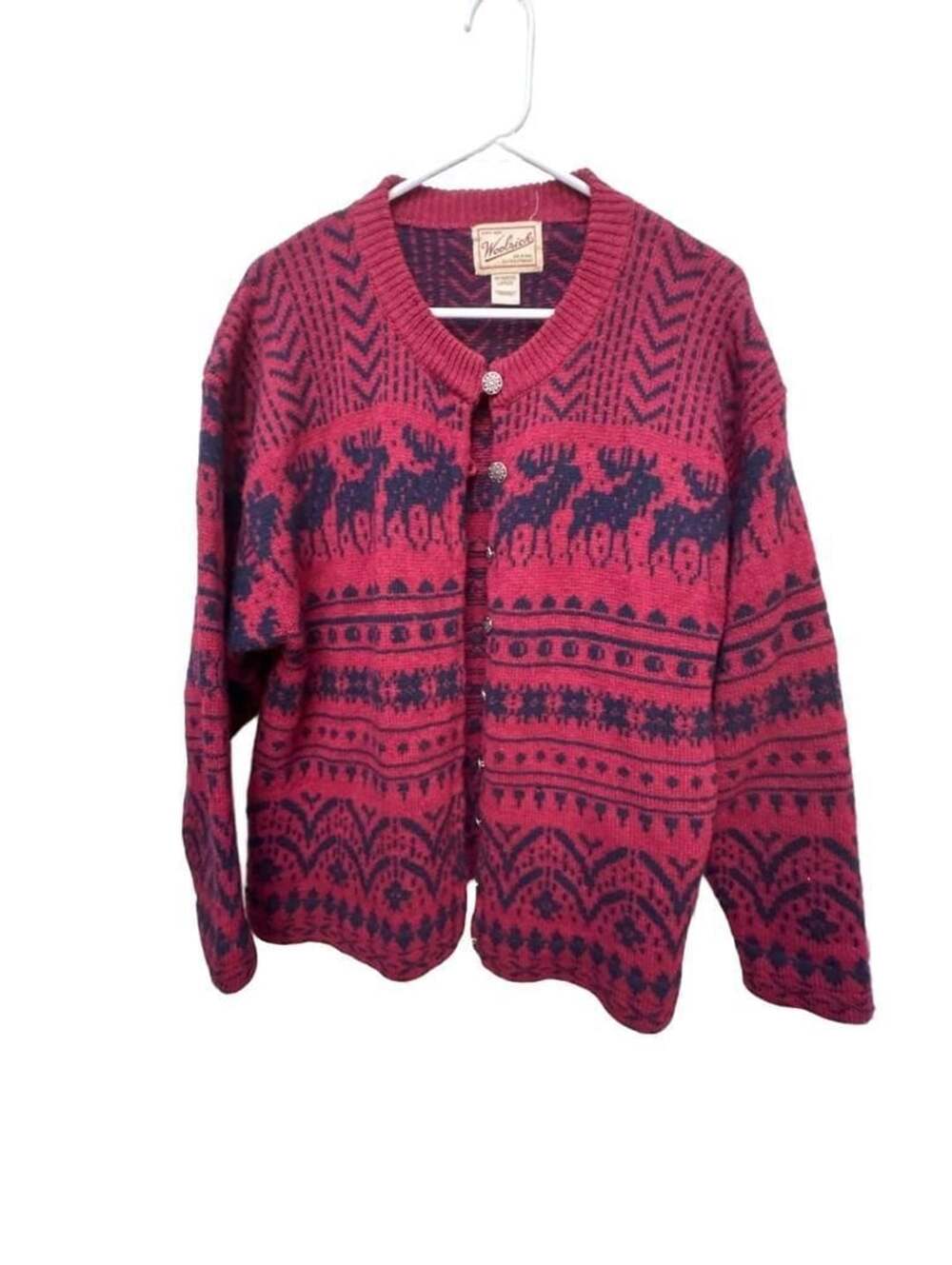 Vintage Woolrich Moose Cardigan Sweater Size Large Red Wool